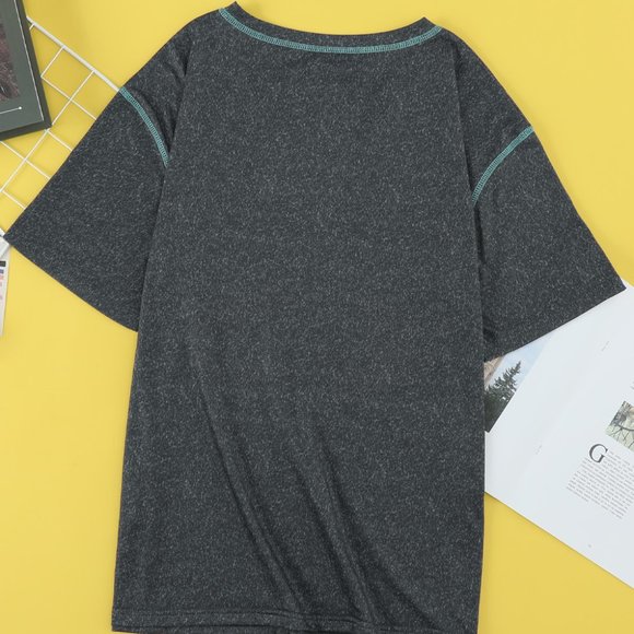 Gray Aztec Geometric Print V Neck Tee - Picture 8 of 10